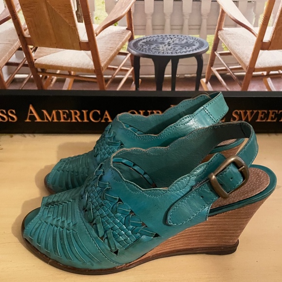 Seychelles Women’s Aqua Teal Open Toe Wedge Sandals Women Leather Sz 7 - Picture 3 of 9